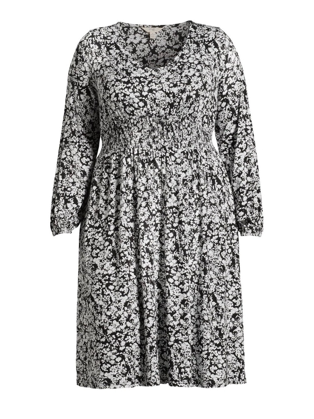 Terra & Sky Black White Floral Stretch Knit Smocked Waist Midi Dress 3X 24/26W